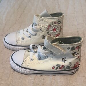 Converse White Kids High-Top Sneakers with Red Star & Floral Embroidery